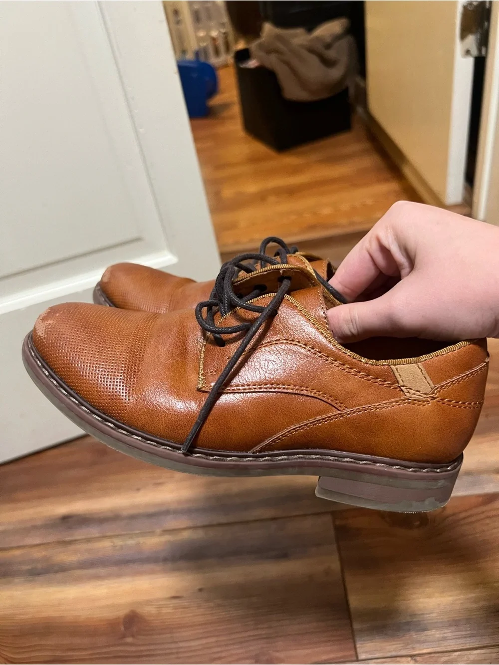 Boys Tan Leather Lace-Up Dress Shoes